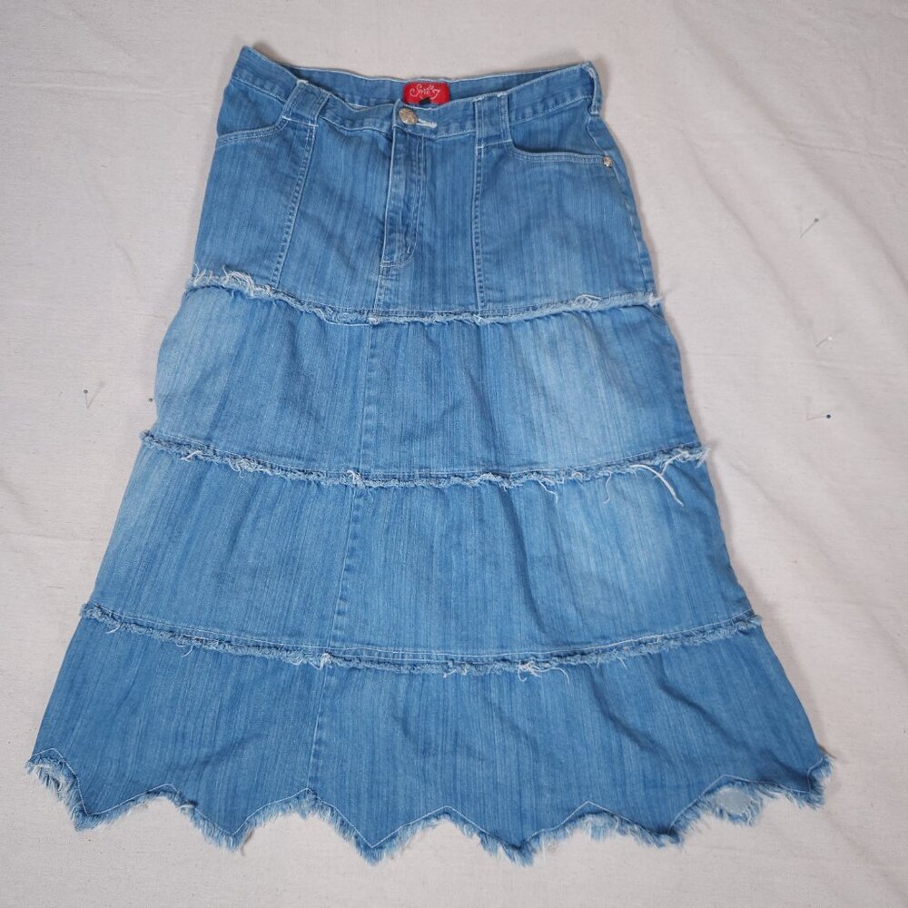 Style J Tiered Denim Skirt Sz 34 Blue Midi Boho Frayed Hem Boho Western